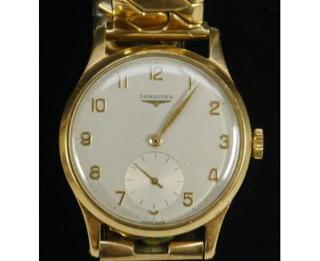Longines - a Vintage 9ct gold cased wrist watch, silvered dial, Arabic numerals, minute track, subsidiary seconds, manual win