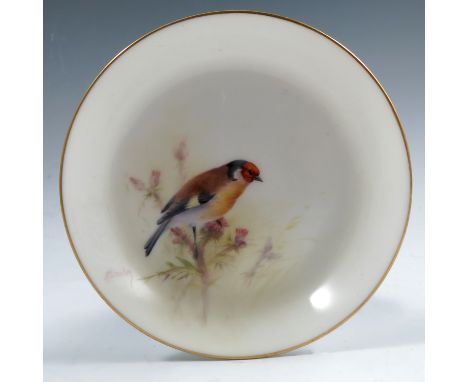 A Royal Worcester circular dish, decorated with a gold finch by Barker, 1921, diameter 4.5insCondition Report:  Inspected and