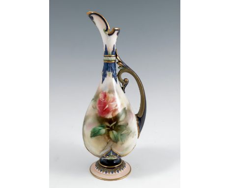 A Hadley's Worcester ewer, decorated with roses, with a blue hoop handle, circa 1905, height 7.75insCondition Report:  Inspec