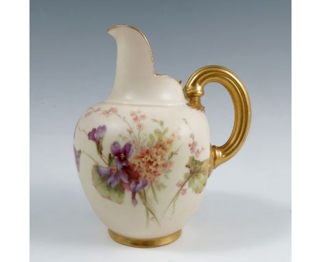 A Royal Worcester gilded ivory flat back jug, decorated with field flowers and monogramme for Edward Raby, shape number 1094,