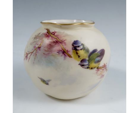 A Royal Worcester gilded ivory wrythen shaped vase, decorated with blue tits, shape number G161, height 2.5ins ACondition Rep