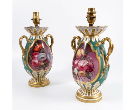 A pair of 19th century English porcelain lamp bases, the baluster shape vase, decorated with a reserve of flowers, with gilt 