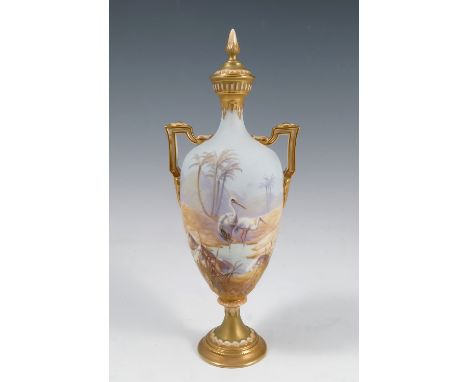 A Royal Worcester vase, decorated with storks in an all around desert landscape by Powell, shape number H247, circa 1913, hei