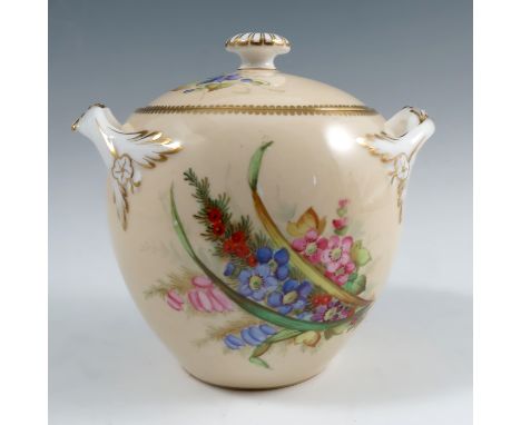 A Royal Worcester sugar bowl and cover, decorated with field flowers and heather to a beige ground, circa 1879, height 5.5ins