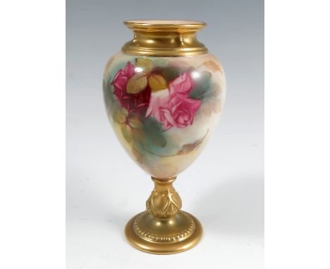 A Royal Worcester vase on a pedestal, decorated with roses by Kitty Blake, shape number 2260, circa 1925, height 5.5insCondit
