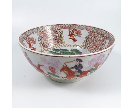 An Oriental hunting bowl, decorated to the interior and exterior with figures on horseback and hounds, diameter 10insConditio