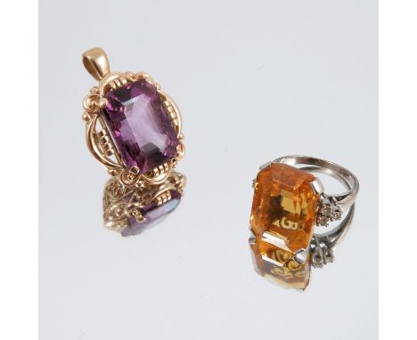 An amethyst pendant, set with a step cut stone, together with a citrine set ring, the white mount indistinctly marked with a 