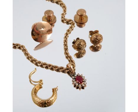A 9 carat gold hollow rope link chain, with&nbsp; ruby and diamond oval cluster pendant attached, chain 46cm long, together w