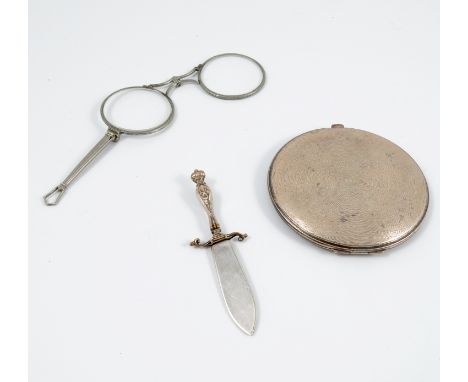 A hallmarked silver compact, of circular form with engine turning, together with a pair of folding lorgnettes, and a small da