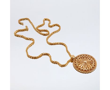 A Chinese pendant on a chain, the circular pendant with character mark and '22k', the S shape clasp with indistinct marks, 37