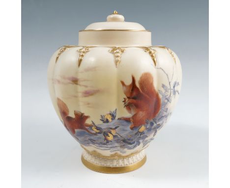 A Royal Worcester pot pourri base and inner cover (lacking outer cover), decorated with squirrels with hazelnuts, shape numbe