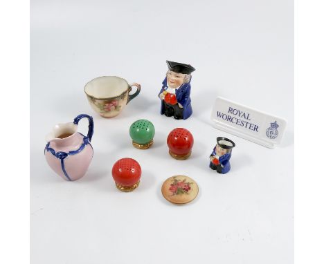 A Hadleys Worcester cup, two Royal Worcester character jugs, a pill box cover, small Locke jug, three Royal Worcester peppers