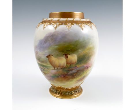 A Royal Worcester crown top pot pourri vase base, decorated with sheep in a landscape to the front by H Davis, shape number 2