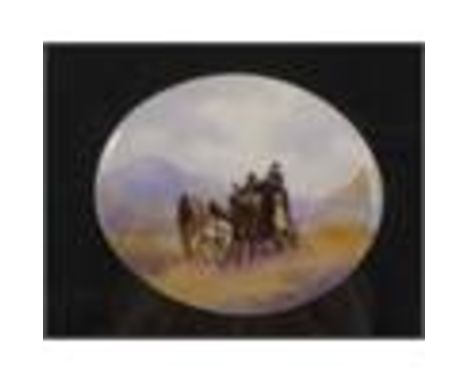 An oval porcelain plaque, possibly Royal Worcester, decorated with a coaching scene possibly by Jack Stanley, diameter 2.75in