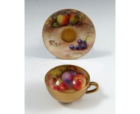 A Royal Worcester miniature tea cup and saucer, decorated with hand painted fruit by Harper and Lockyer, circa 1908,&nbsp;Con