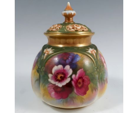A Royal Worcester quarter lobed covered vase, decorated with violets, shape number H175, circa 1926, height 4.5insCondition R