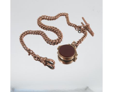 A 9 carat gold watch chain, of graduated solid curb links, with a swivel seal attached, 37cm long, 30g gross