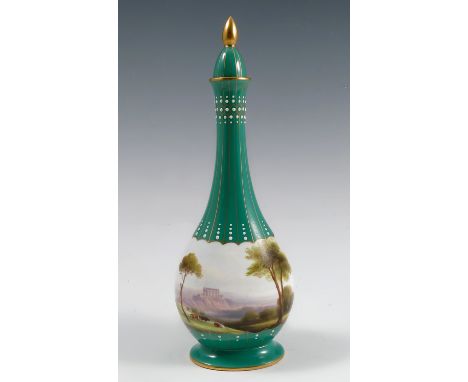 A Royal Worcester bottle vase with stopper, decorated with an all around landscape band in the Corot style, with buildings, c