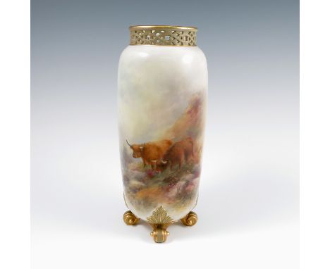 A Royal Worcester vase, with pierced neck, the cylindrical body decorated with Highland cattle in a landscape to the front by