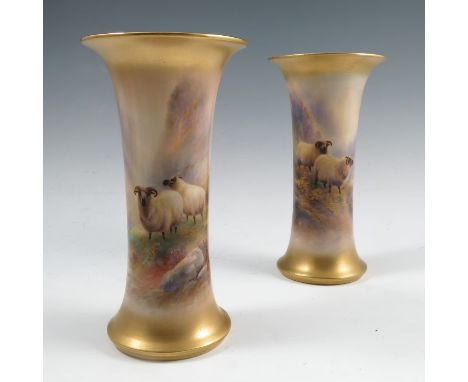 A pair of Royal Worcester trumpet vases, hand painted with sheep in a Highland landscape by H Davis, shape number G923, dated