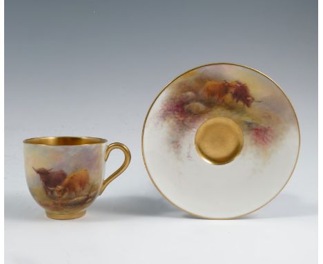 A Royal Worcester miniature coffee cup and saucer, decorated with highland cattle by H Stinton, circa 1926Condition Report:  