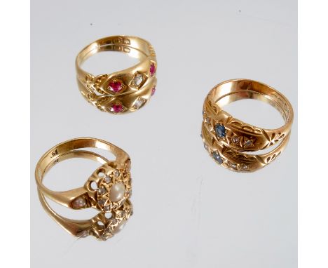 An 18 carat gold diamond and ruby ring, circa 1900, marks rubbed, finger size J, together with an 18 carat gold sapphire and 