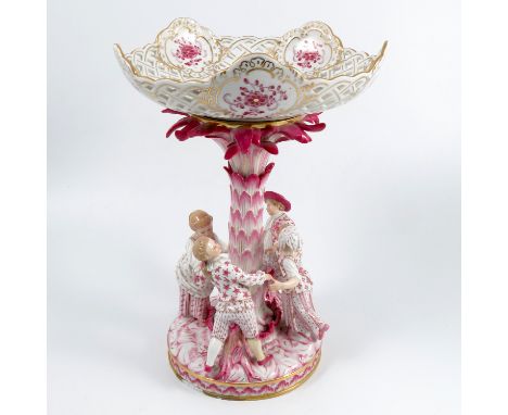 A Meissen porcelain centrepiece, with shaped circular&nbsp;bowl with pierced decoration&nbsp;supported&nbsp;on a palm tree co