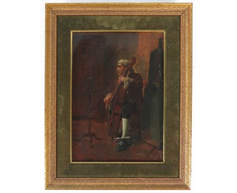 Oil on canvas, a man in 18th century dress playing a double bass seated at a music stand, 13ins x 9ins