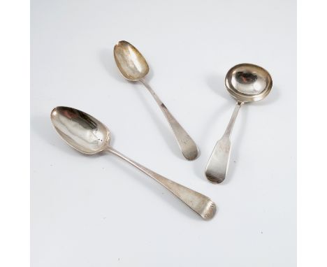 A silver fiddle pattern ladle, London 1816, weight 1oz, together with a mid 18th century silver serving spoon, bottom marked 