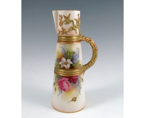 A Royal Worcester claret jug, decorated with roses and a lily by W H Austin, circa 1914, height 8.75insCondition Report:  Ins