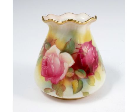 A Royal Worcester vase, decorated with roses by M Hunt, having a frilly edge, shape number G957, dated 1933, height 3.25insCo