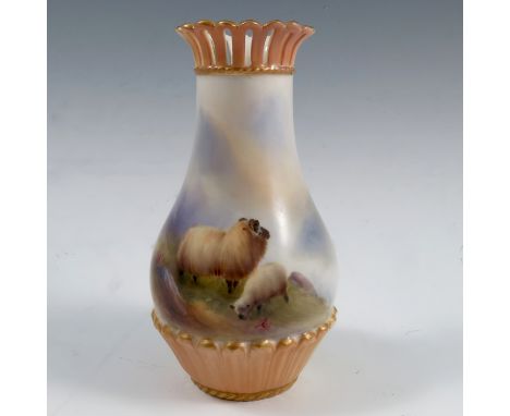 A Royal Worcester spill vase, decorated with sheep in a rocky landscape, with blushed ivory base and pierced neck, shape numb