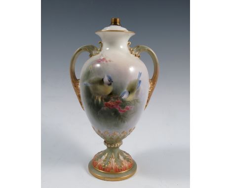 A Royal Worcester vase, finely painted with blue tits on a branch by Harry Davis, shape number 2026, circa 1903, bearing a co
