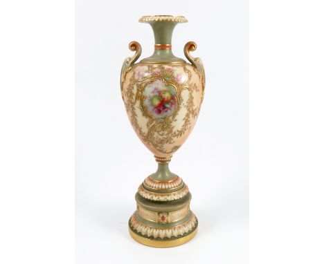A Royal Worcester blushed ivory vase, painted with a panel of apples, raspberries and flowers, raised on a pedestal, shape nu