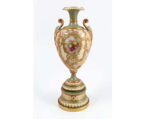 A Royal Worcester blushed ivory vase, painted with a panel of apples, raspberries and flowers, raised on a pedestal, shape nu