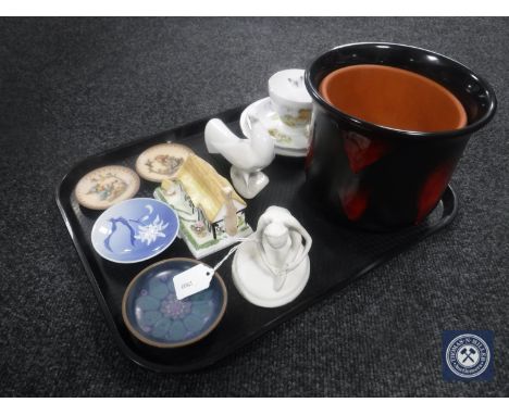 A tray of Poole planter, Nao figure, pair of Goebel plates, Coalport pastille burner, cottage etc 