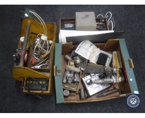 Three boxes of model glider accessories - motors, hand sets, blue prints and a wooden caddy with MSA electric power panel 
