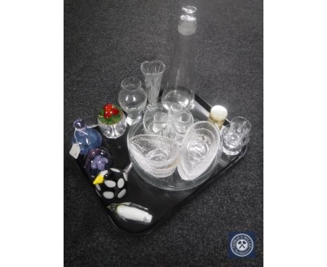 A tray of glass ware, three glass paper weights, Caithness perfume bottle 