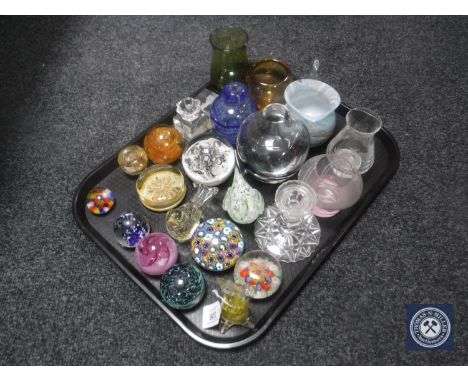 A tray of glass ware - paperweights, animal ornaments, Caithness vase etc 