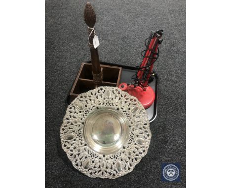 A wooden wine bottle caddy, angle poised lamp and a plated dish with pierced rim 