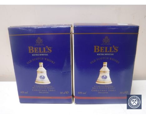 Two boxed Bells Scotch Whisky limited edition Christmas 2001 decanters, 70 cl, sealed 