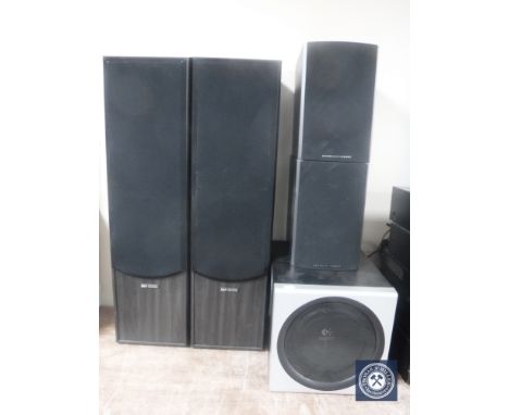 A pair of black cased Acoustic Solutions tower speakers, a pair of Mordaunt Short Avino 1  speakers and a Logictec PC speaker