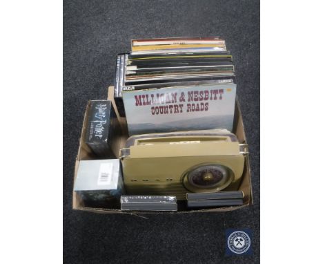 A box of Bush retro style radio, Harry Potter DVDs, quantity of easy listening LP records 