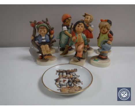 A collection of seven Hummel figures - Apple Tree boy and girl, chimney sweep etc and a Hummel Follow the leader shallow dish