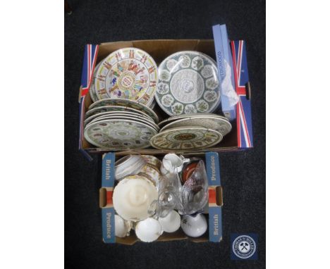 Two boxes of Wedgwood calendar plates, Victorian tea service, pair of glass swan bowls 
