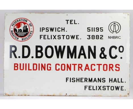 Bowman &amp; Co Enamel sign, with the Federation of Master Builders, Ipswich, Felixstowe, Building Contractors, 92cm x 63cm