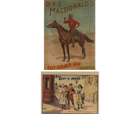 Advertising prints "D. &amp; J. Macdonalds cut golden bar tobacco", with central depiction of a figure on horseback lighting 