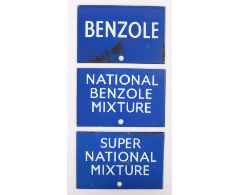 Three enamel fuel signs, to include BENZOLE, NATIONAL BENZOLE MIXTURE and SUPER NATIONAL MIXTURE, all with white text and blu