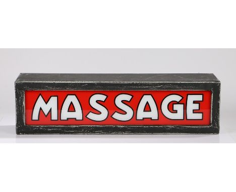 Soho interest, a late 20th Century trade sign for MASSAGE, red ground with white and black edged writing, housed within a bla