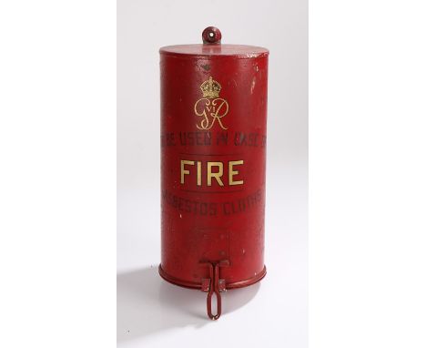 George VI fire blanket case, in red enamel with 'GRVI To be used in case of FIRE asbestos cloth', 36cm high